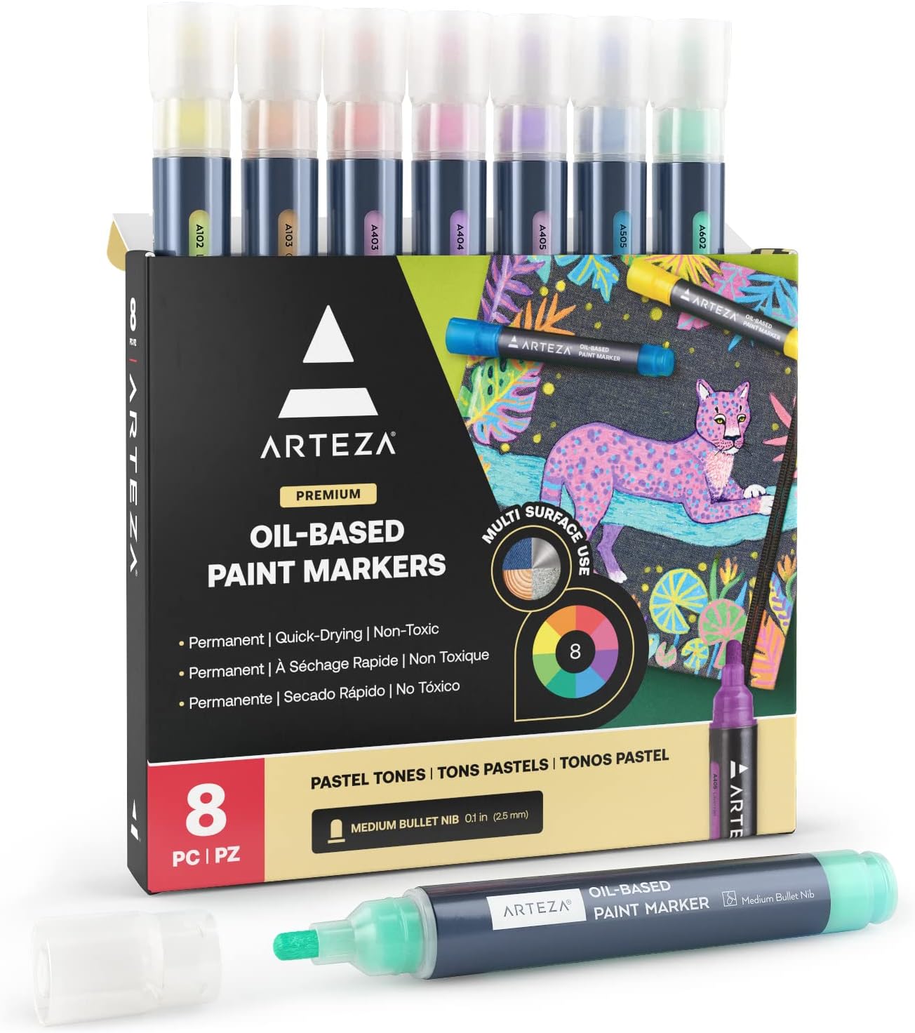 Arteza Marcadores a base de aceite pastel, paquete de 8, líneas de 0.11 pulgadas, barril grande, marcadores permanentes de secado rápido con punta