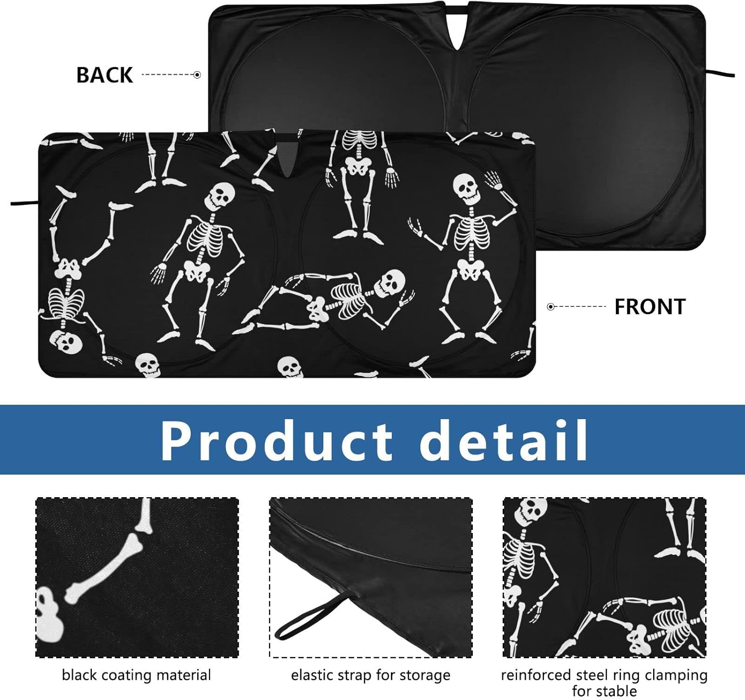 ALAZA Foldable Car Windshield Sun Shade for Car Window – Skull Skeleton on Black Sun Visor Protector, Easy To Use, Fits Windshields of Most