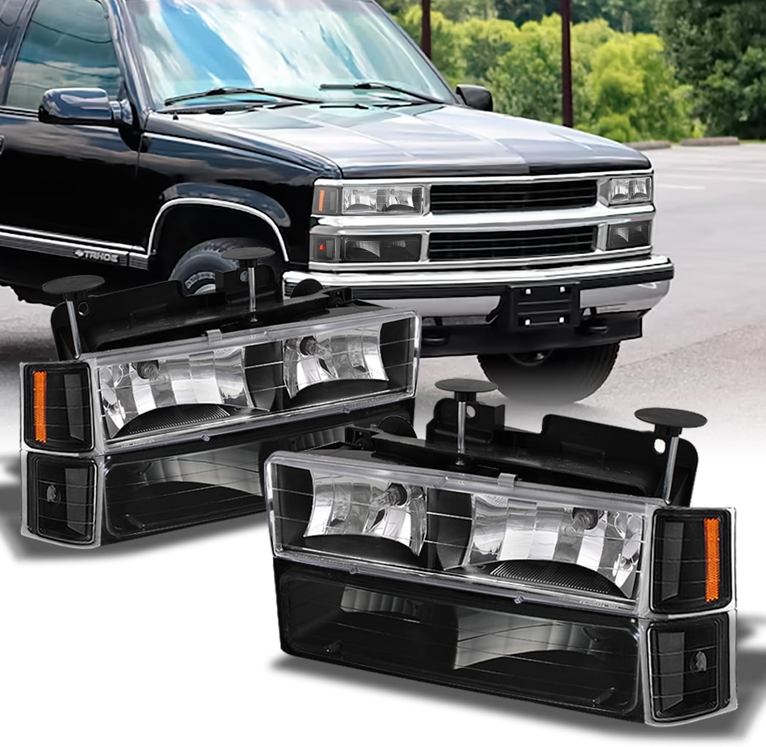 AKKON – Para Chevy CK 1994-1998 150025003500 Tahoe Suburban Tamaño completo C10 Faros negros izquierdo+faro derecho