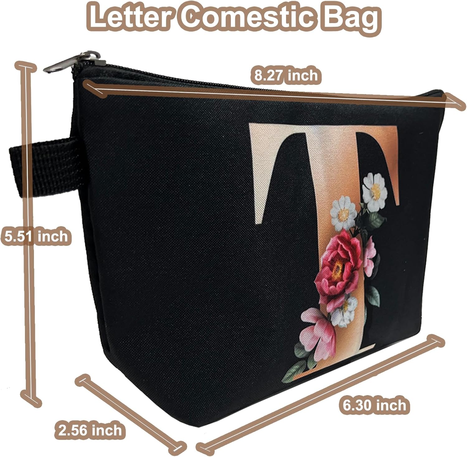 CTNUOBEE Bolsa de comestic con letras del alfabeto dorado con bolsa de maquillaje de flores, bolsa de viaje portátil con cremallera, bolsa de aseo