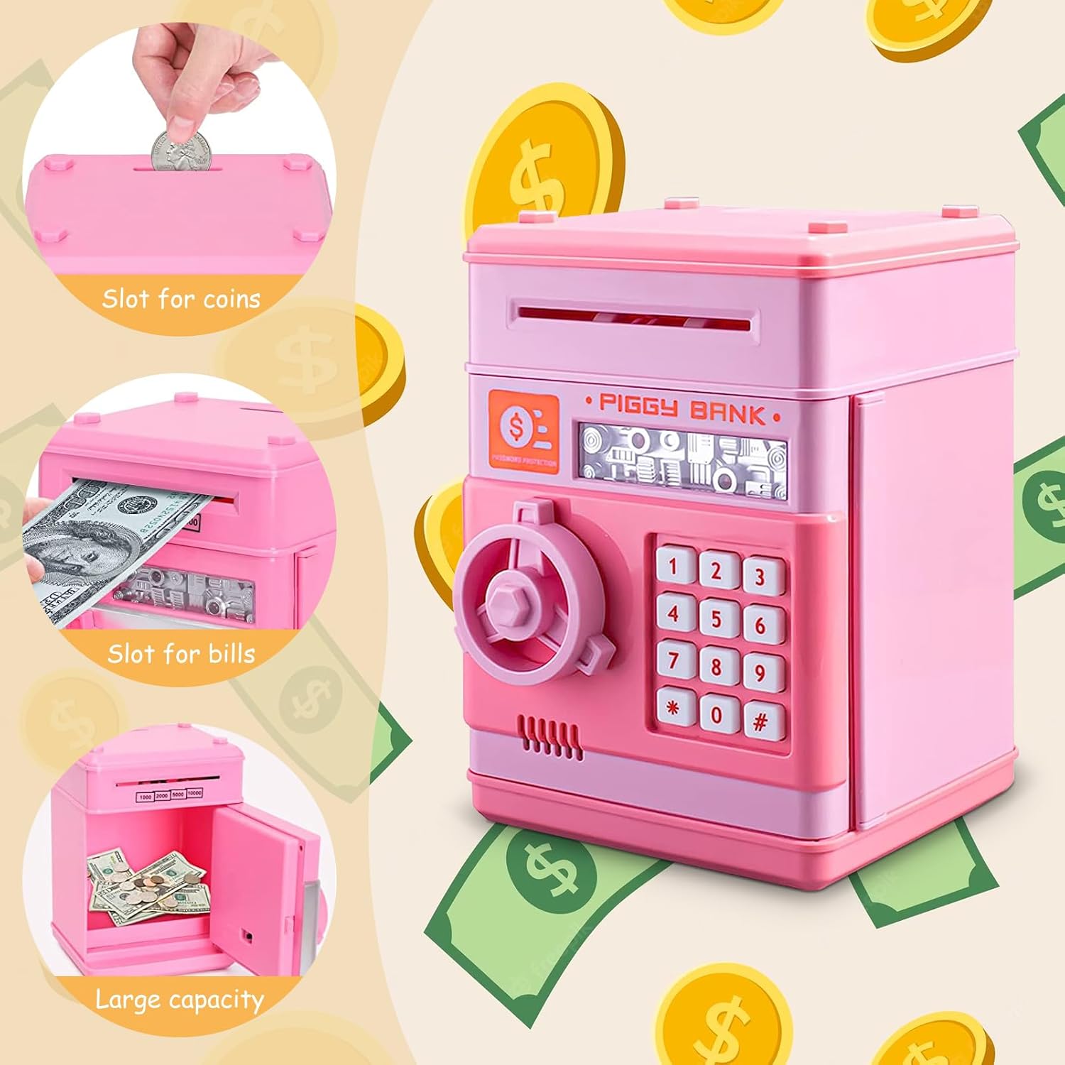 Alcancía Boalord para niños y niñas, contraseña electrónica de cajero automático, alcancía, moneda, puede desplazarse automáticamente, caja de