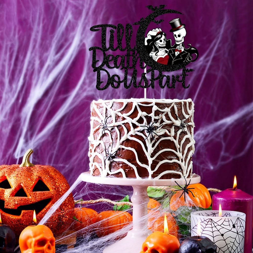 Suministros de fiesta de boda con temática de Halloween, purpurina negra hasta que la muerte nos separe, pancarta hasta que la muerte nos haga