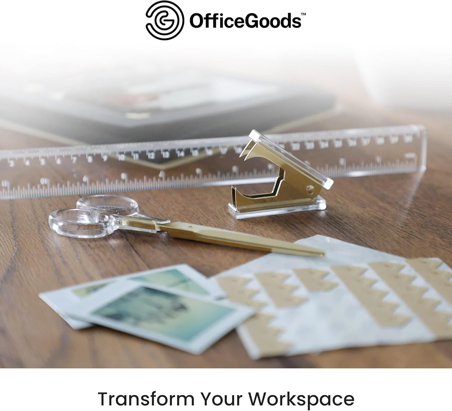 OfficeGoods Juego de escritorio de acrílico de 3 piezas, incluye regla, removedor de grapas, tijeras, accesorios de escritorio funcionales y