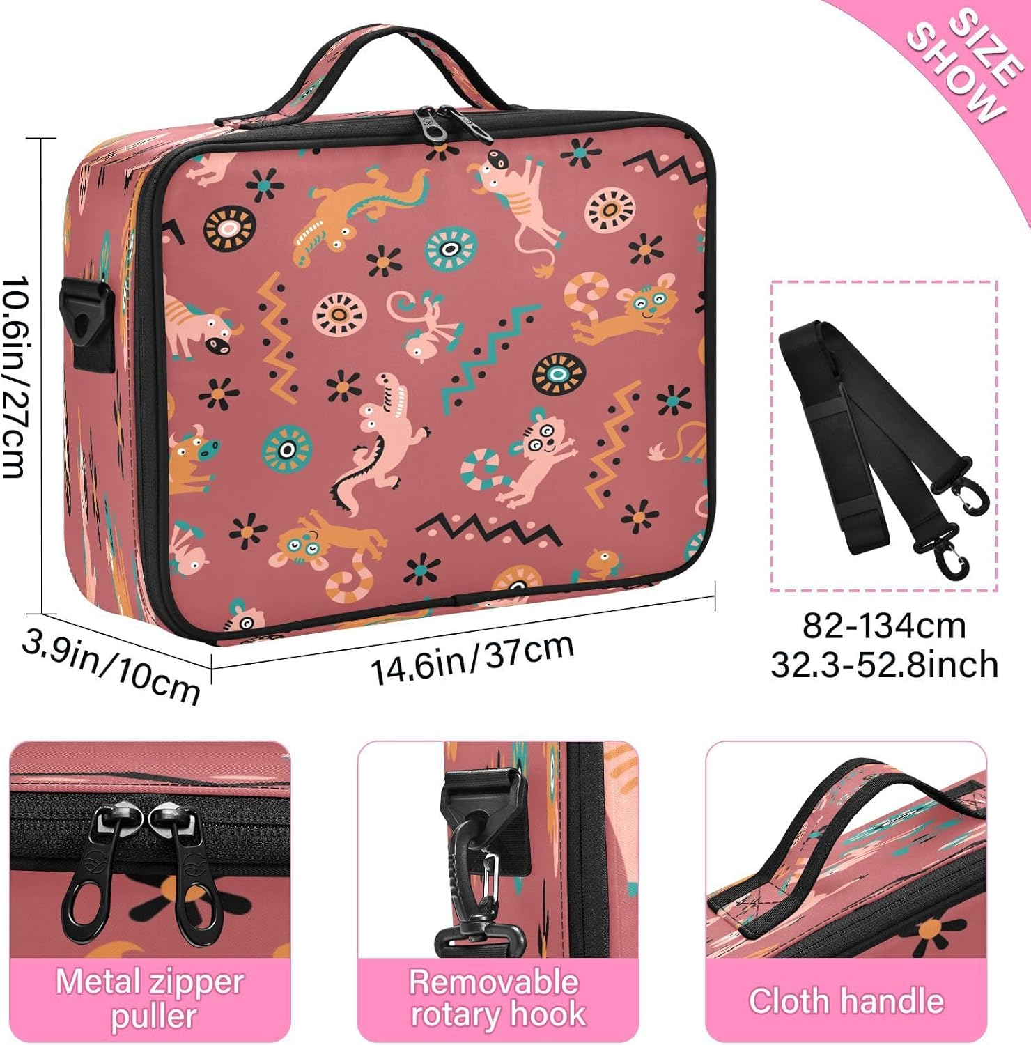 Bolsas de cosméticos de animales de dibujos animados de cocodrilo marrón premium para mujeres, bolsas de viaje para artículos de tocador, bolsa de