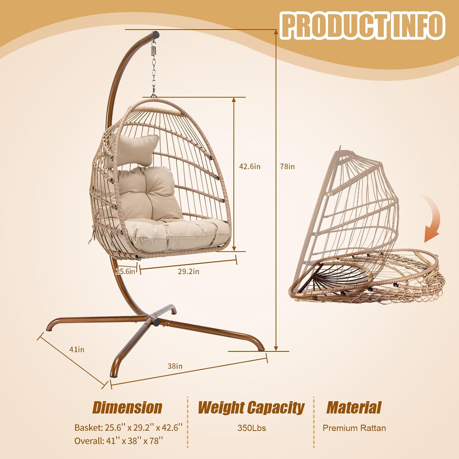 NICESOUL Silla de huevo con soporte para interiores y exteriores, sillas hamaca colgante para todo tipo de clima con cojín, 350 libras, silla