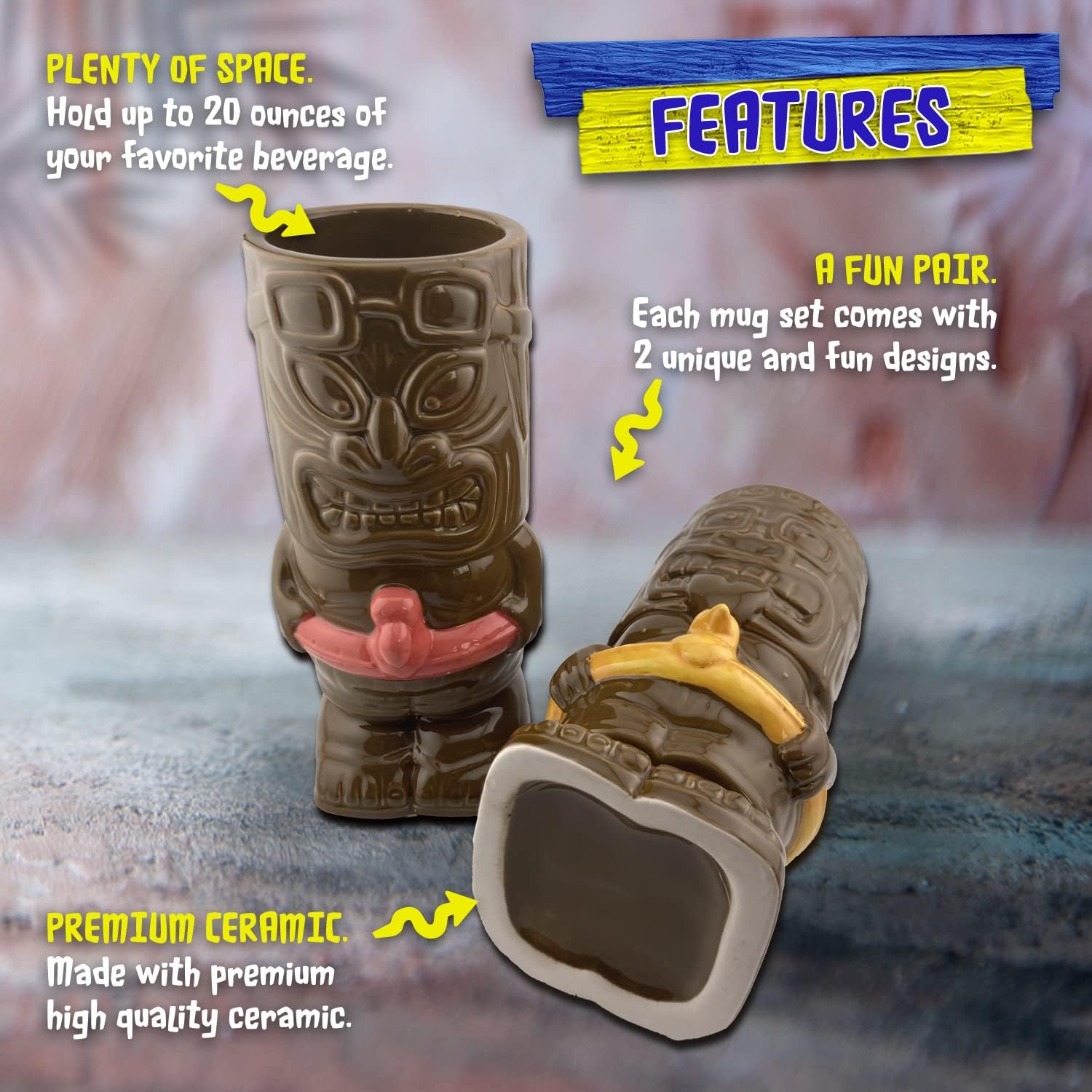 Tiki – Juego de tazas de cerámica para fiesta en la piscina, juego de 2 tazas coleccionables de Tiki Funky – Tazas de café, vasos tropicales para la