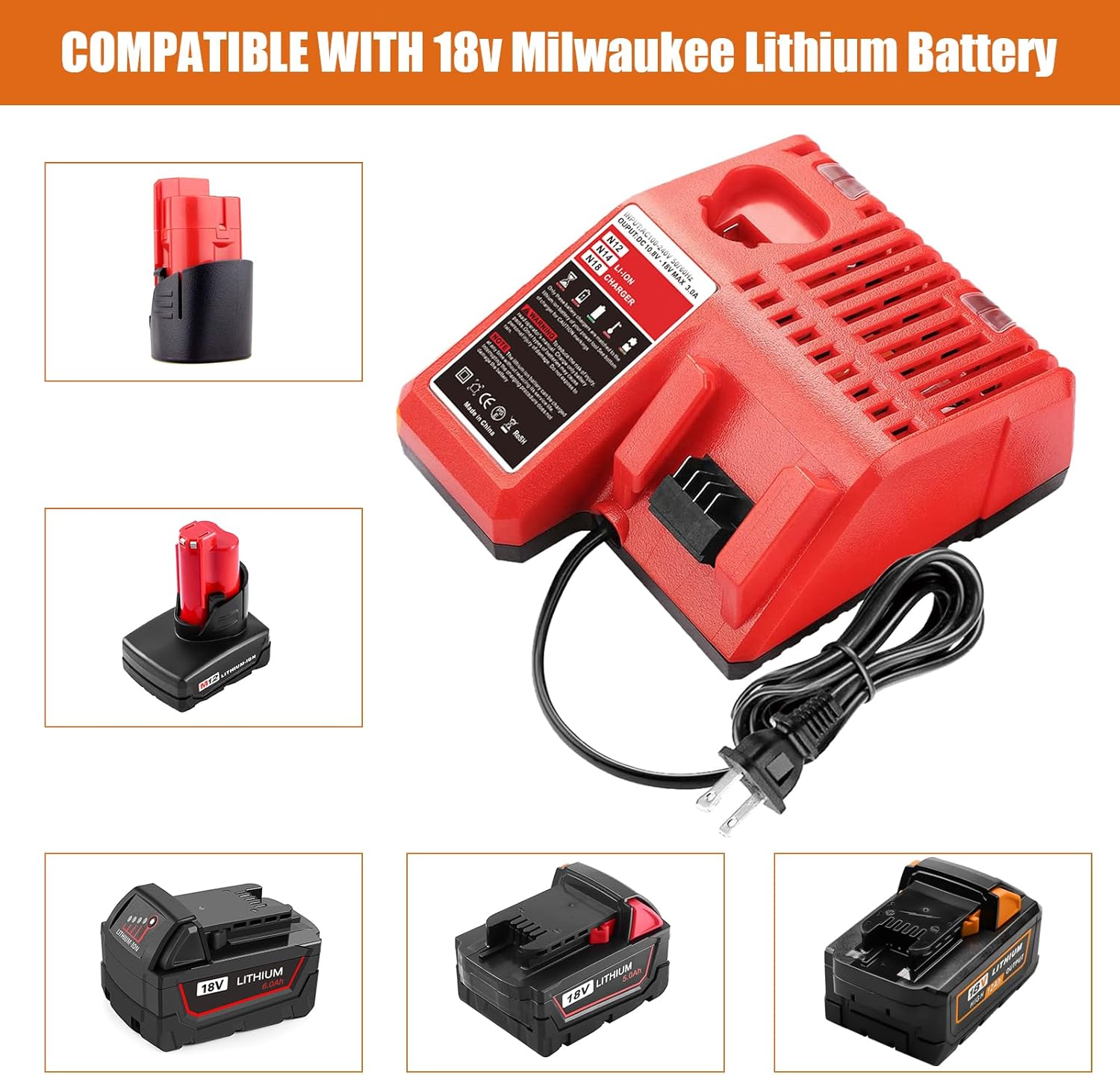 1 paquete de batería de repuesto de 18 V 12.0 Ah y cargador para batería Milwaukee de 18 V compatible con Milwaukee Tools 48-11-1811 48-11-1815