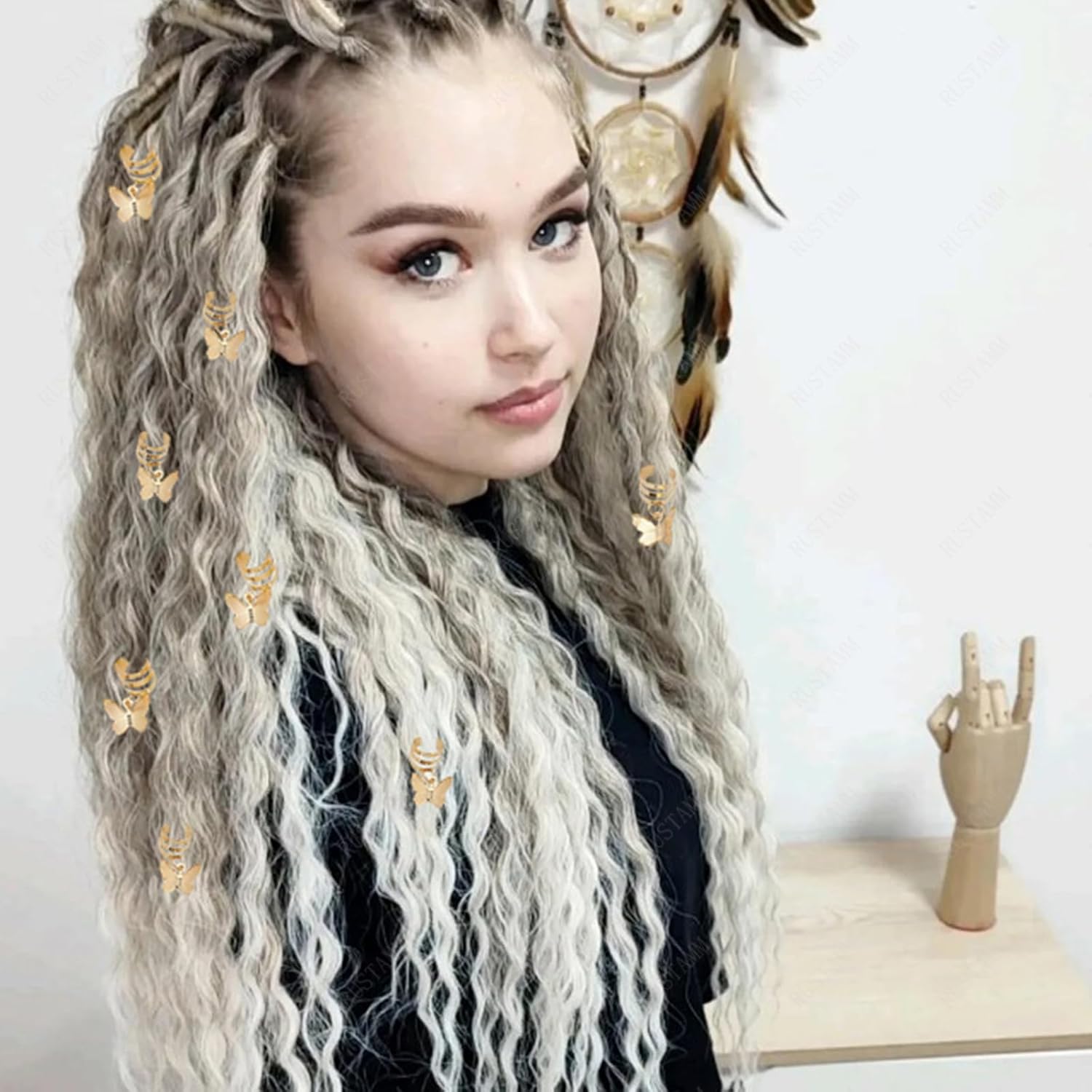 20 piezas de pulseras de pelo de mariposa doradas, cuentas de rastas ajustables, colgantes de metal, trenzas, clips para mujeres y niñas, accesorios