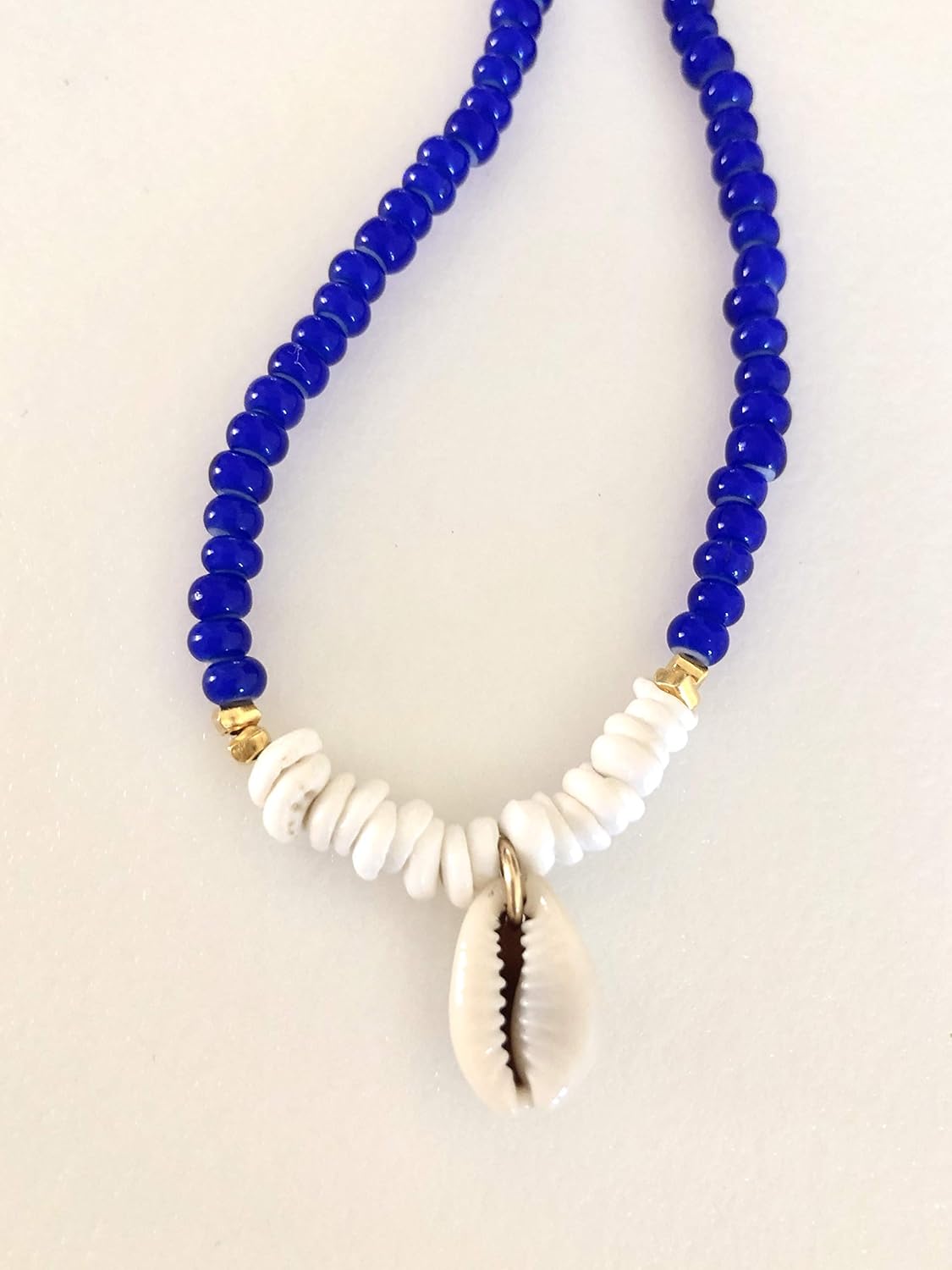 Blue and White Shell Choker, Cobalt Blue African Vintage Trade Beads, Hawaiian Puka Shells, Cowrie Shell, Beach Necklace, 24K Gold Vermeil.
