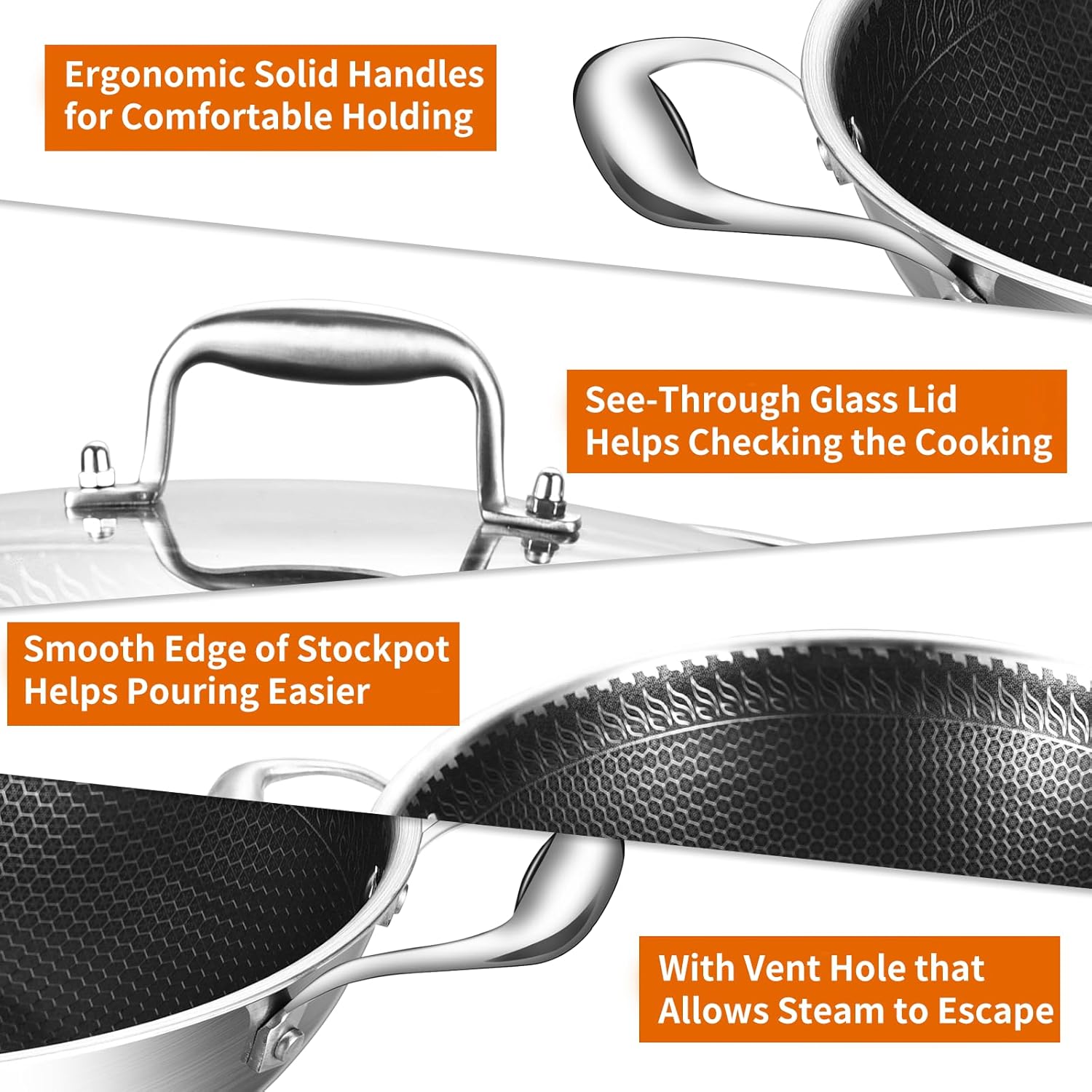 DELARLO Wok Pan de 12 pulgadas con tapa, acero inoxidable de tres capas, antiadherente, apto para horno hasta 600F, capacidad de 5 cuartos de galón,