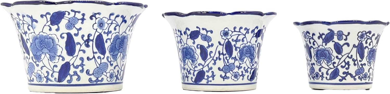Galt International Maceta decorativa de cerámica de porcelana floral azul y blanca de 8 pulgadas, 6 pulgadas4.5 pulgadas, diseño chino asiático,