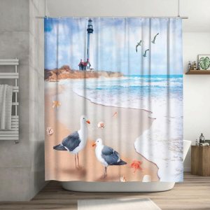 Golakra Cortina de ducha de playa costera, faro, náutico, gaviota, océano, cortina de ducha impermeable, tela de poliéster, decoración de baño con Golakra Cortina de ducha de playa costera, faro, náutico, gaviota, océano, cortina de ducha impermeable, tela de poliéster, decoración de baño con