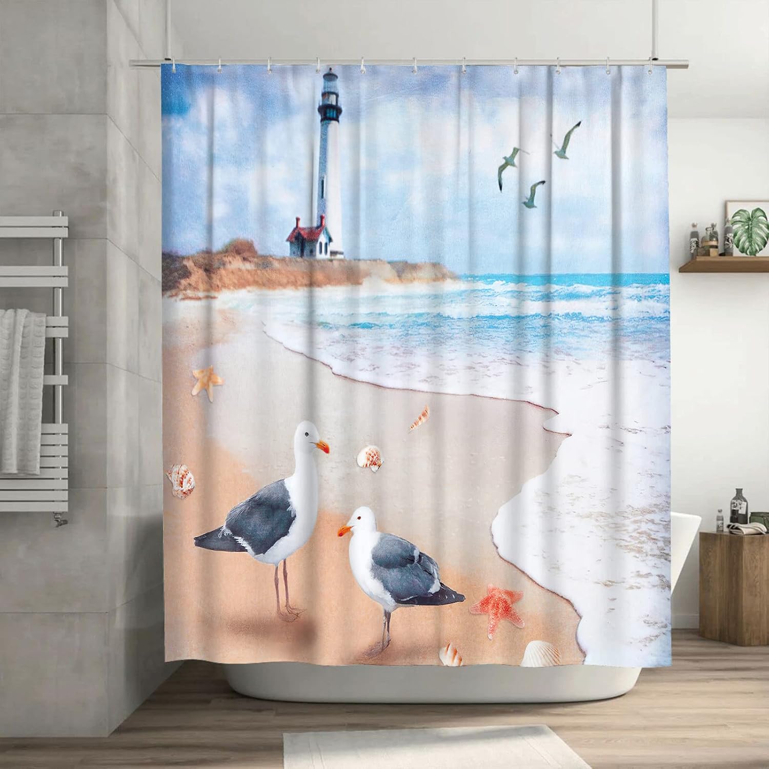 Golakra Cortina de ducha de playa costera, faro, náutico, gaviota, océano, cortina de ducha impermeable, tela de poliéster, decoración de baño con