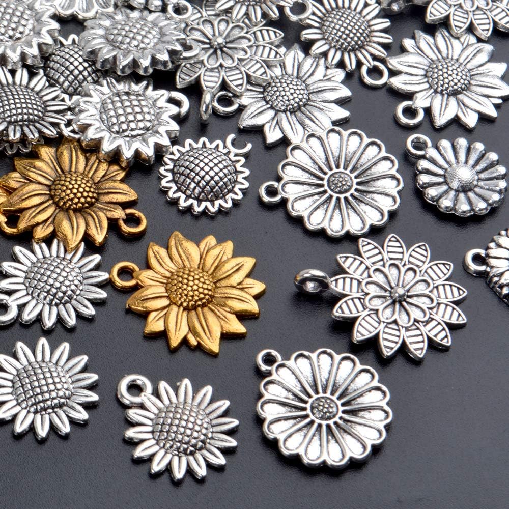 Aylifu 50 dijes vintage de girasol, suministros de flores de aleación, para hacer joyas, 10 estilos