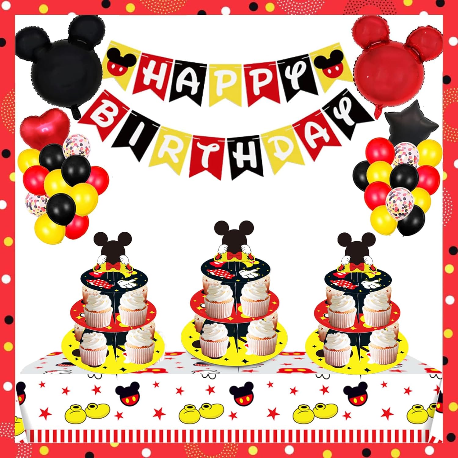 Soporte para cupcakes de Mickey Mouse de 3 niveles, suministros de fiesta de cumpleaños de Mickey Mouse, decoraciones de Mickey Mouse, suministros