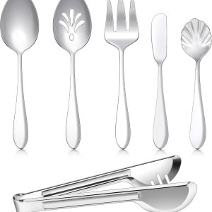 E-far 6 utensilios de servir, cuchara de servir de acero inoxidable, cuchara ranurada, tenedor, pinzas, cuchara de azúcar y cuchillo de mantequilla E-far 6 utensilios de servir, cuchara de servir de acero inoxidable, cuchara ranurada, tenedor, pinzas, cuchara de azúcar y cuchillo de mantequilla