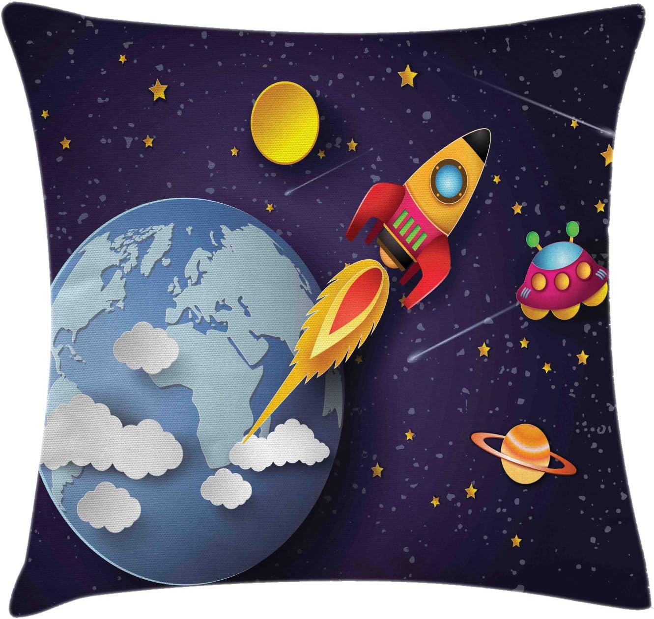 Ambesonne Outer Space – Funda de cojín con diseño de cohete en el sistema planetario con estrellas de la tierra, OVNI Saturno Sol, Galaxia para