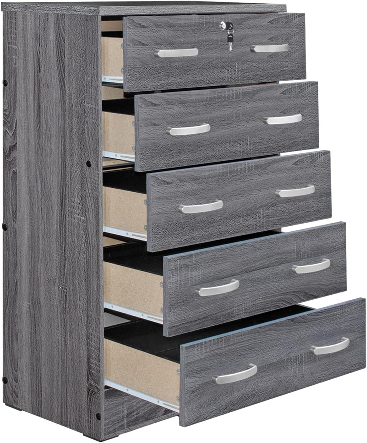 Better Home Products Cindy – Cómoda de madera con 5 cajones con cerradura en color gris