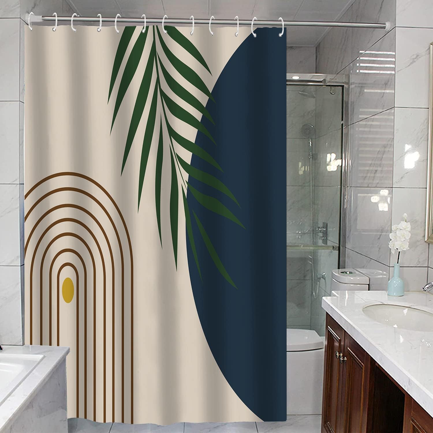 Cortina de ducha bohemia abstracta de mediados de siglo, moderna y estética, decoración de baño, con hojas y plantas, juego de cortina de baño
