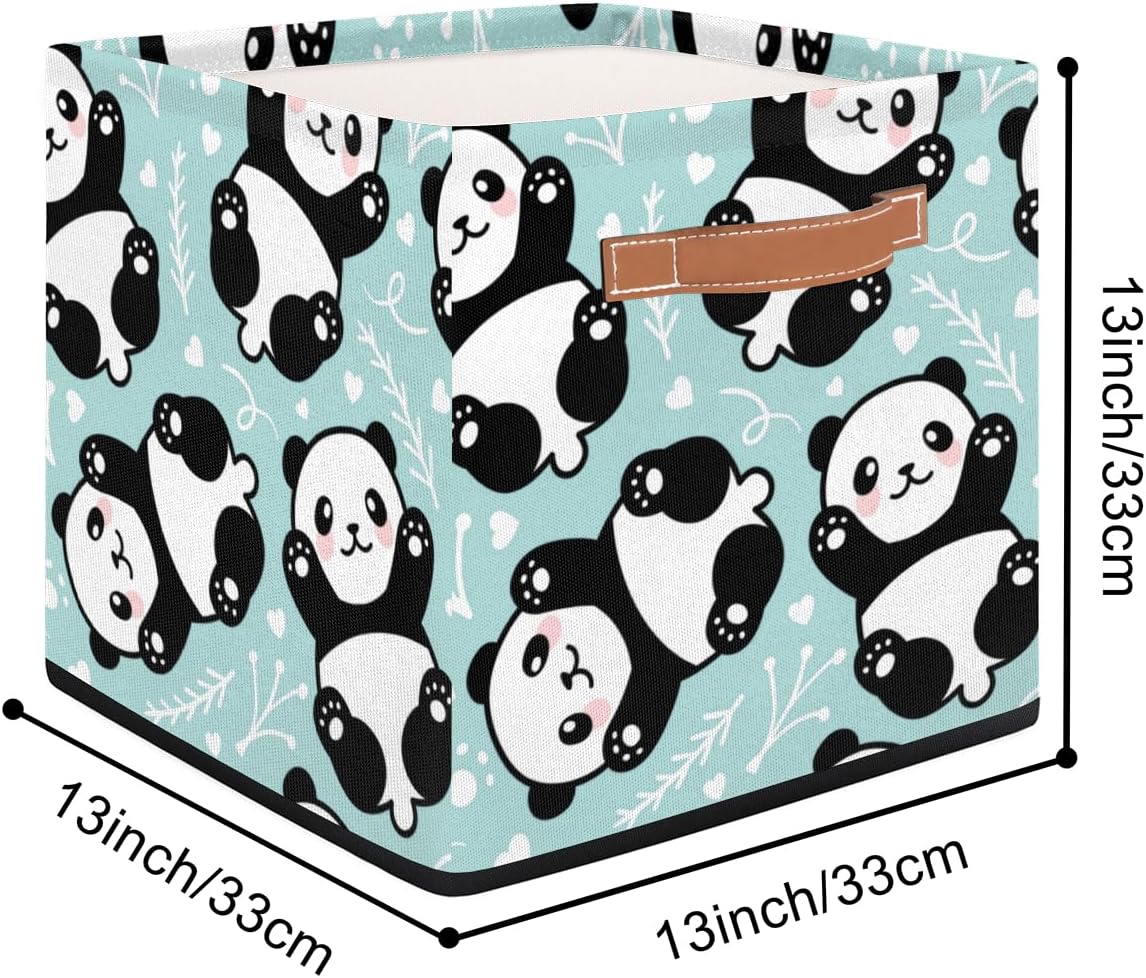 KOBLEN Modern Animal Panda Square Storage Basket Collapsible Storage Box Clothes Basket 13×13 Inch Large Cube Storage Bin With PU Leather Handle for