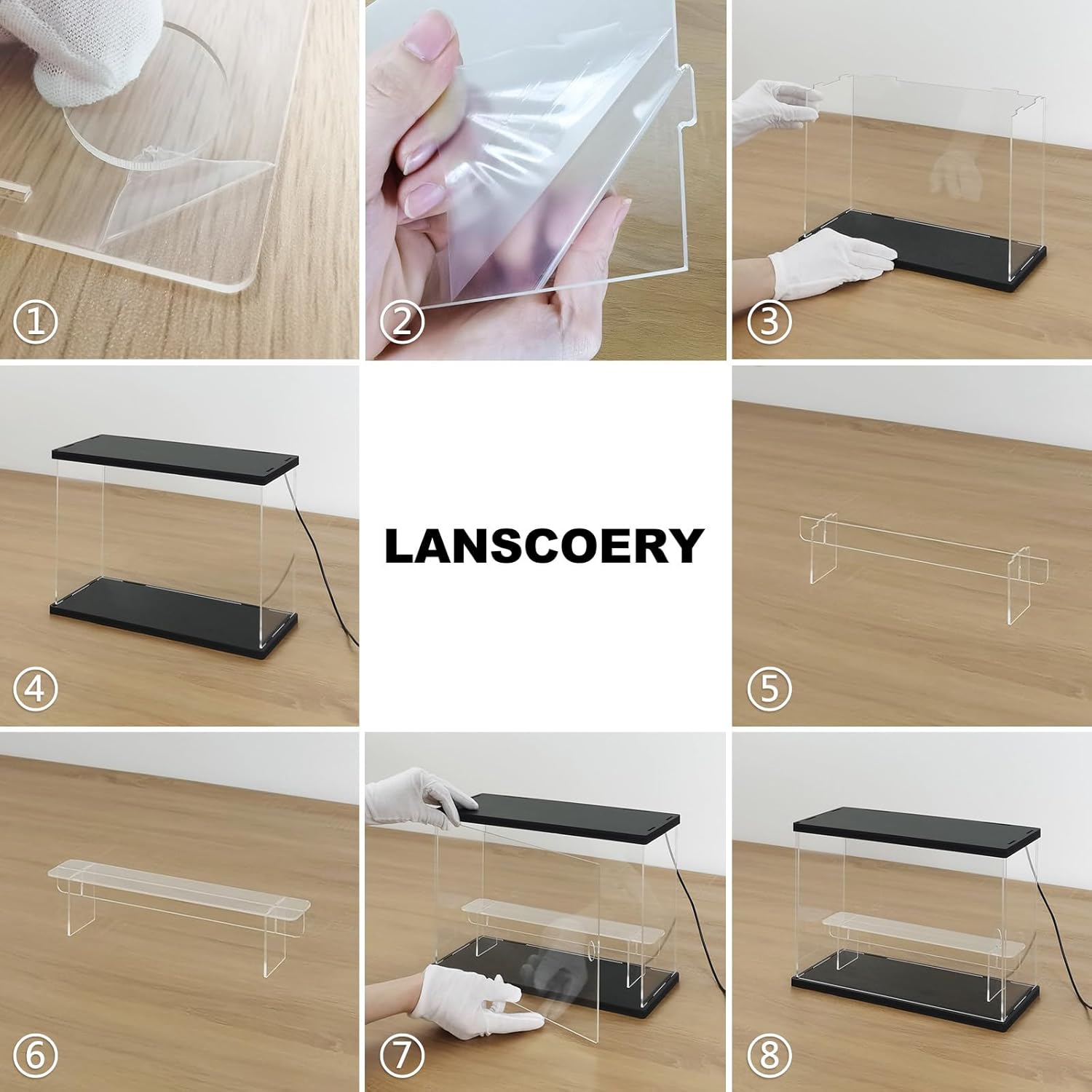 LANSCOERY Vitrina de acrílico transparente con luz, soporte de 2 niveles con base negra, escaparate de protección a prueba de polvo para figuras