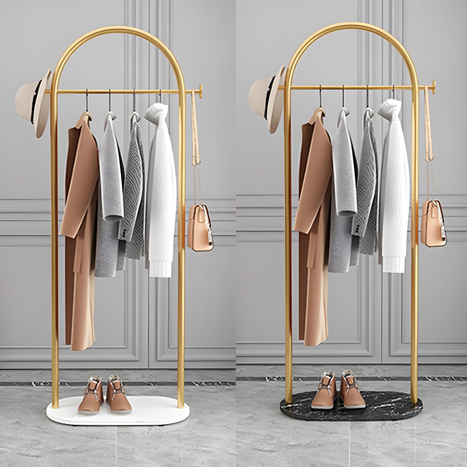 Hermoso colgador de ropa de pie doble para dormitorio, perchero de metal independiente con base de mármol, 24 pulgadas de largo x 13 pulgadas de