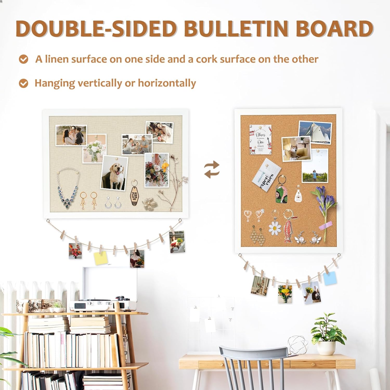 Tablero de corcho grande de doble cara con lino, tablero de anuncios con marco de madera colgante de 24 x 18 pulgadas, tablero de visión de