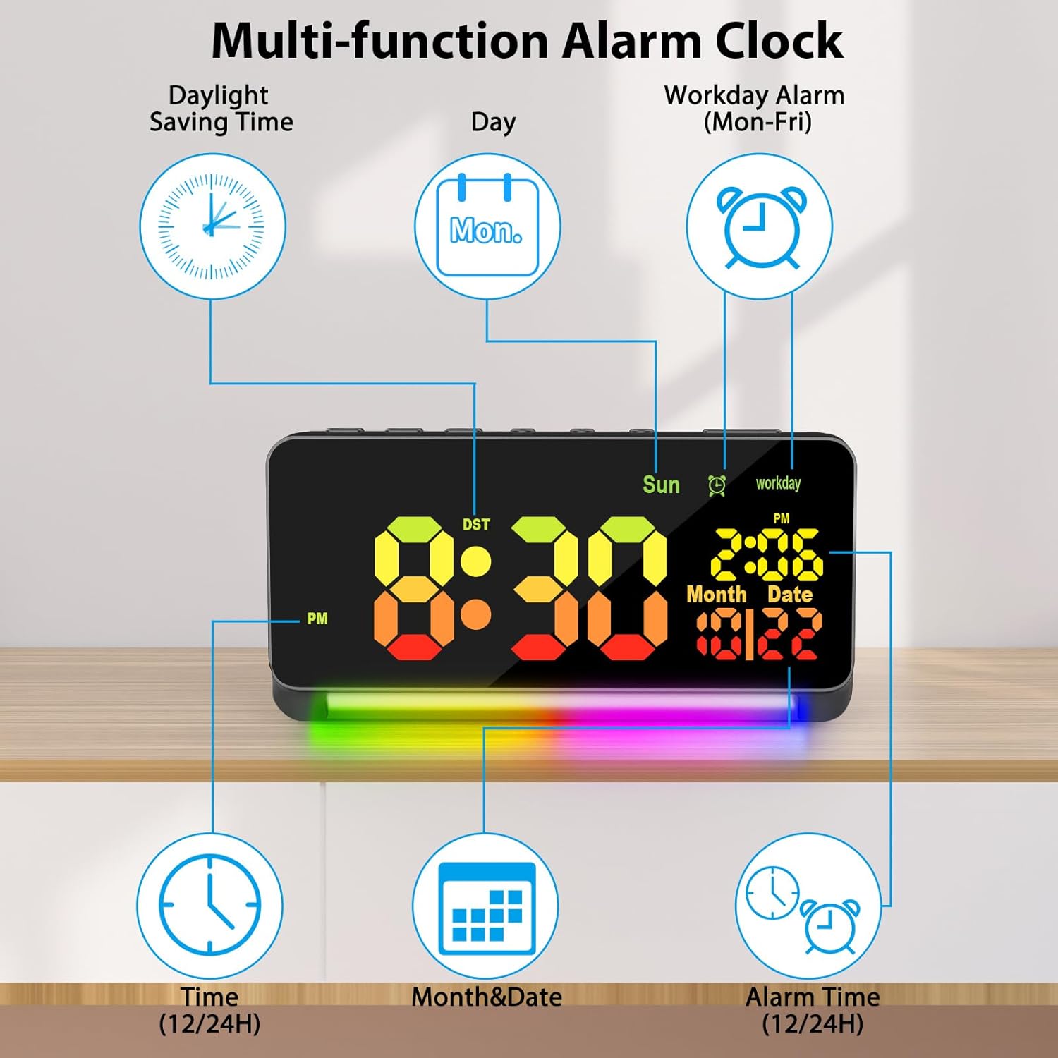 Reloj despertador digital de 120 db para dormitorios, 15 sonidos de despertador, despertador digital para adultos que duermen pesados, luz nocturna