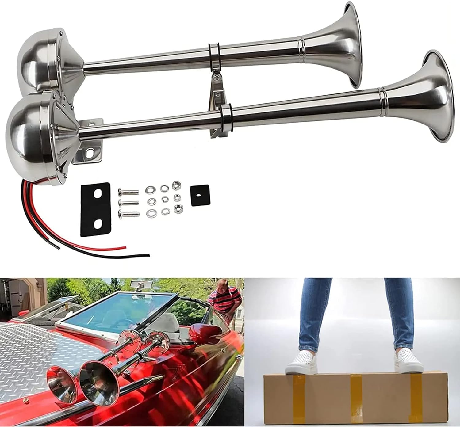 Bocinas de barco de 12 V, cuerno de trompeta de barco marino de acero inoxidable pulido, tono bajo y alto BANHAO con soporte ajustable, bocina de