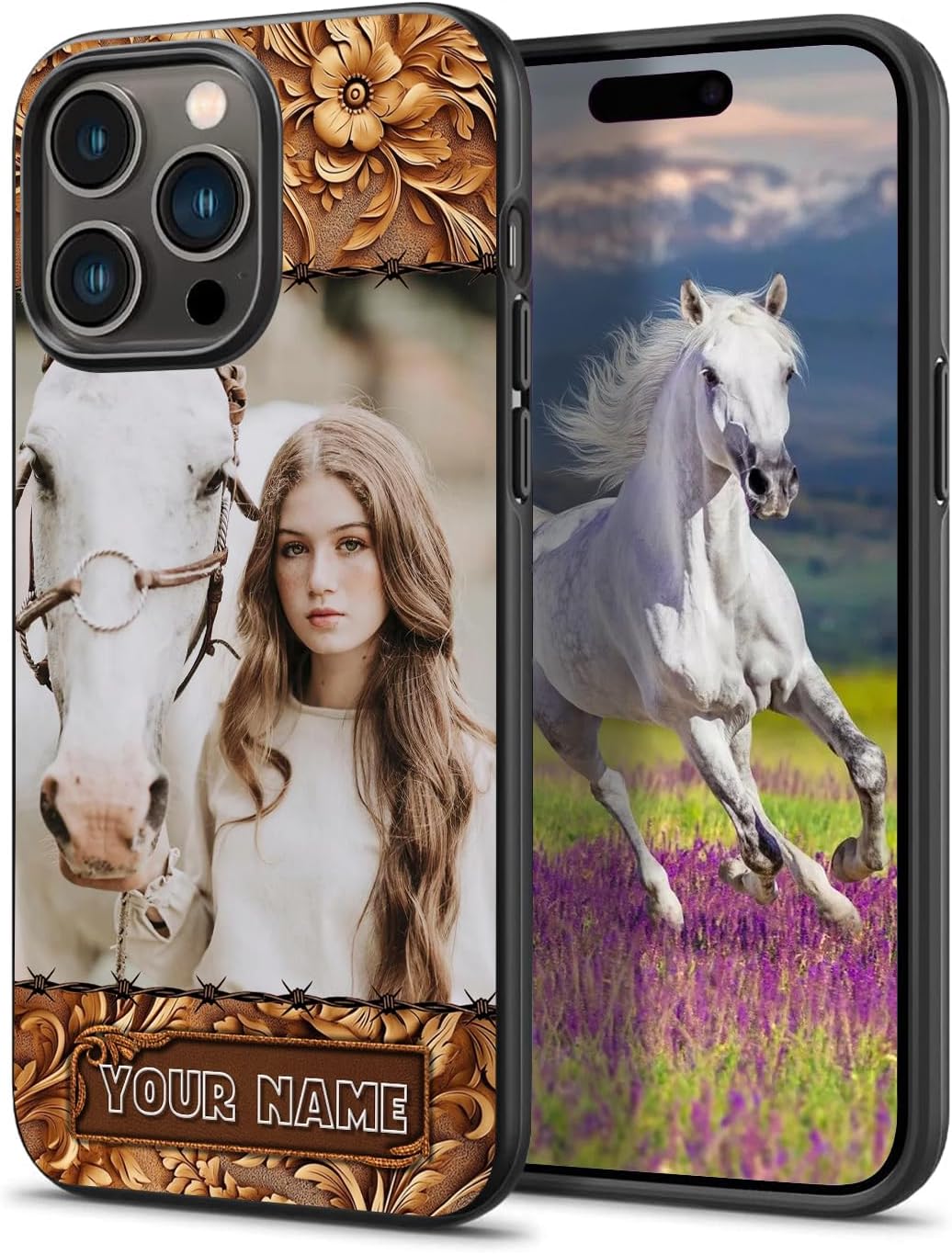 Fundas de madera con nombre de foto de caballo personalizadas para mascotas, compatible con iPhone 14 13 12 11 Pro Max  Samsung Galaxy S23 S22 S21