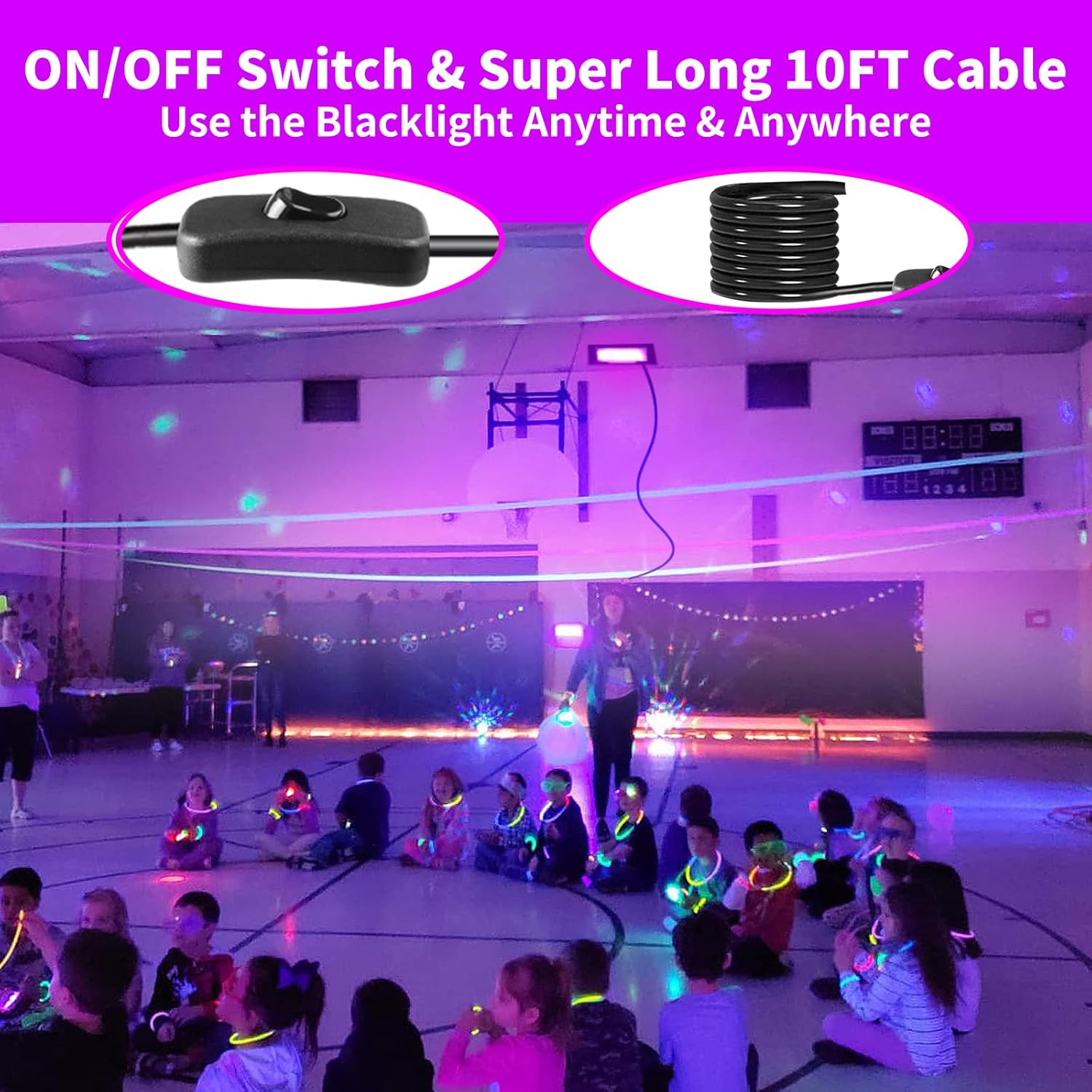 Paquete de 2 luces LED negras mejoradas de 200 W con cable de 10 pies, luz de inundación de luz negra impermeable IP66 para exteriores con
