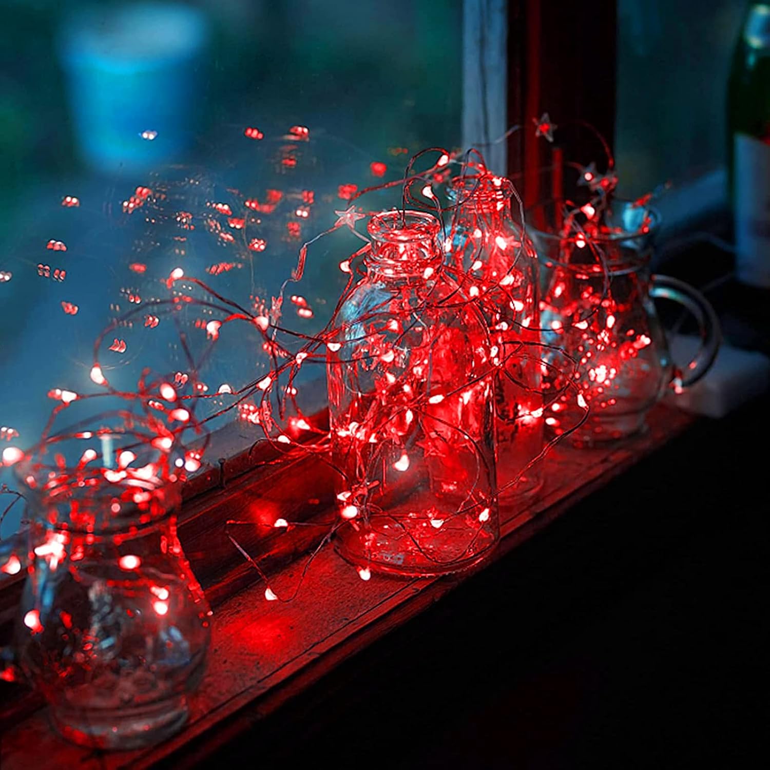 Guirnalda de luces regulables enchufables de 72 pies, 200 luces LED de alambre de cobre parpadeantes con temporizador remoto RF, rojo