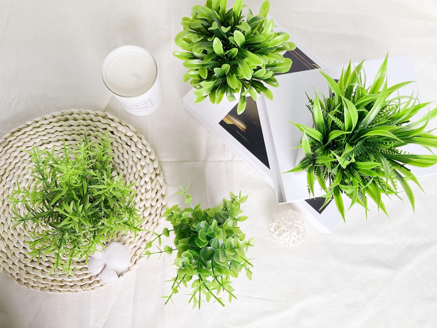 4 paquetes de plantas falsas pequeñas, plantas artificiales blancas en maceta para decoración del hogar, baño, sala de estar, mesa, escritorio,