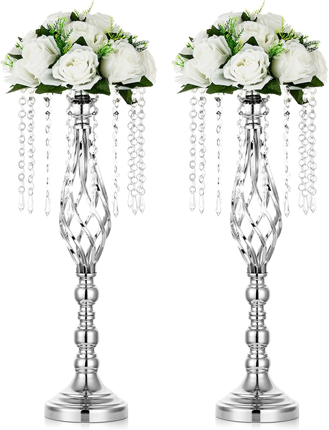 Nuptio 2 piezas de centro de mesa de boda plateadas, 21.7 pulgadas21.7 in de altura, jarrones de flores artificiales de cristal para bodas, fiestas,