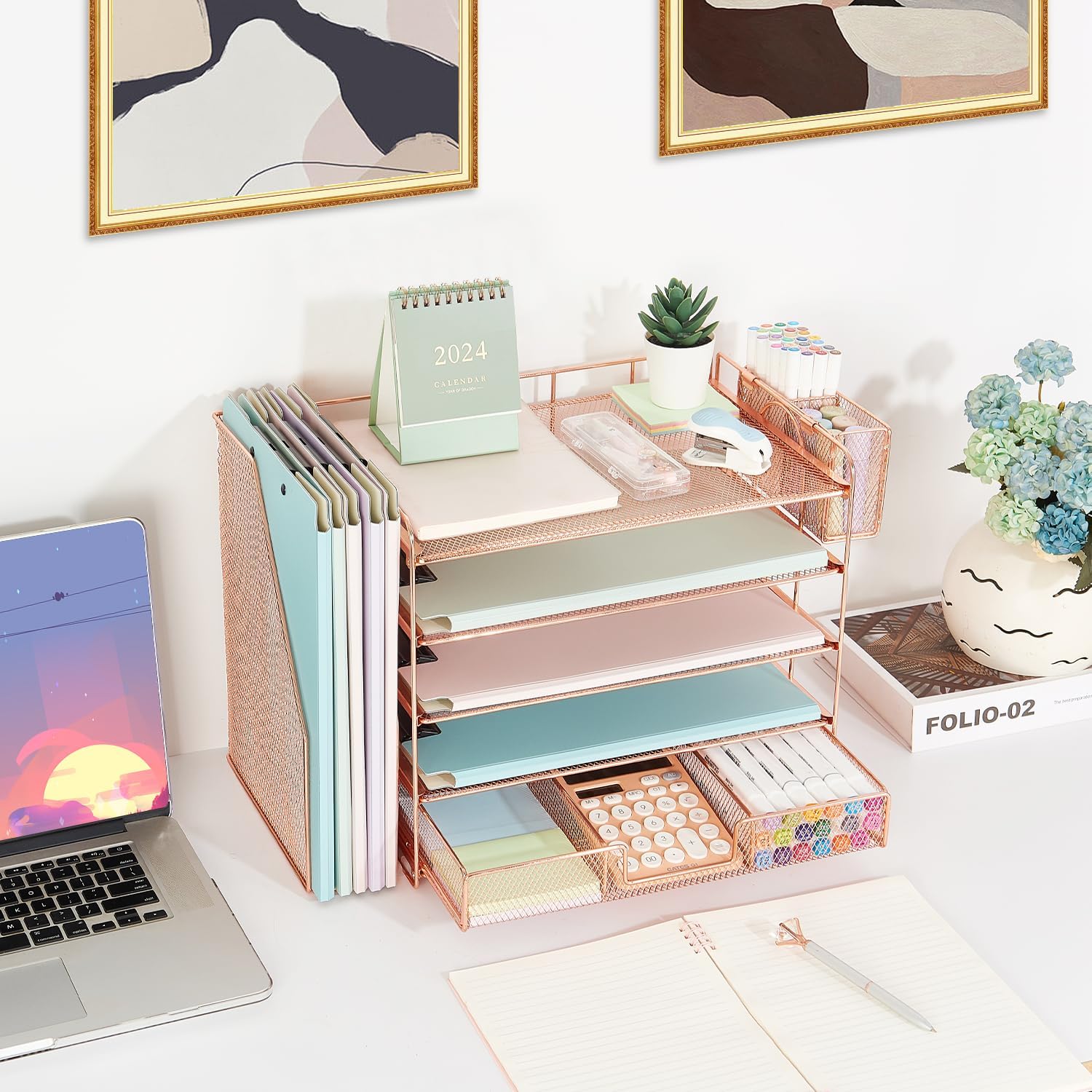 Organizador de bandeja de papel de 5 niveles con soporte para archivos de malla, accesorios de escritorio y espacio de trabajo organizadores de