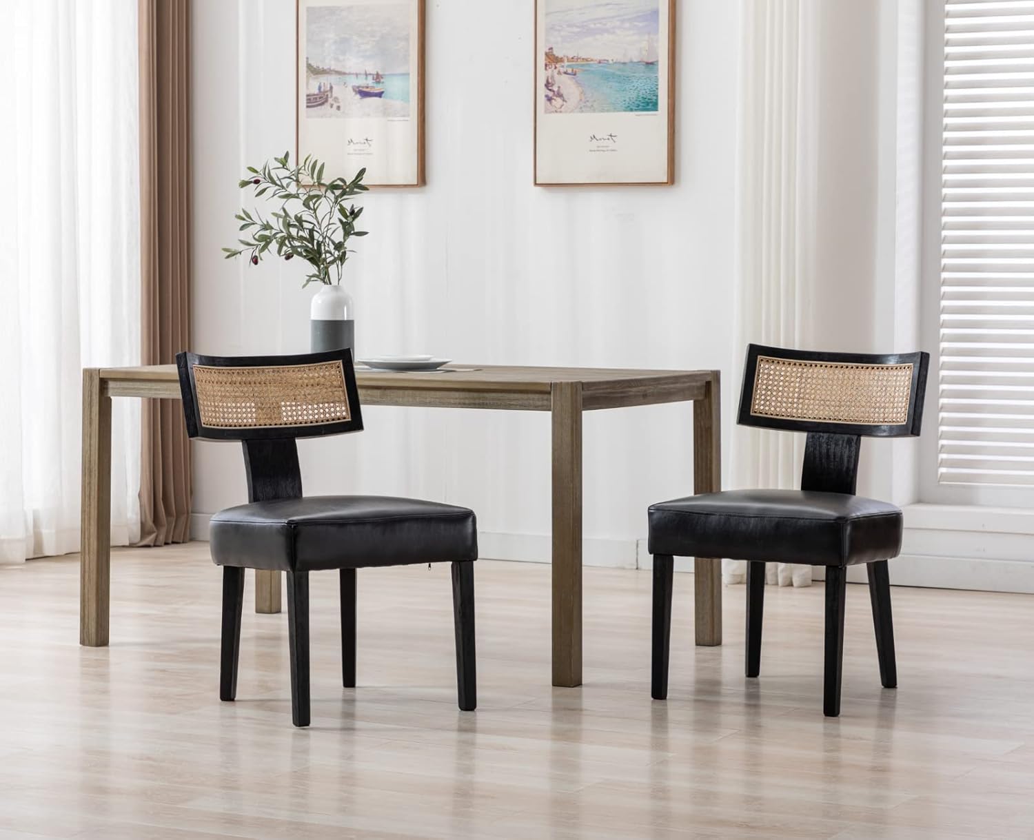 Shunzhi Juego de 2 sillas de comedor tapizadas de piel sintética, modernas de mediados de siglo, sillas de comedor de ratán estilo granja, sillas