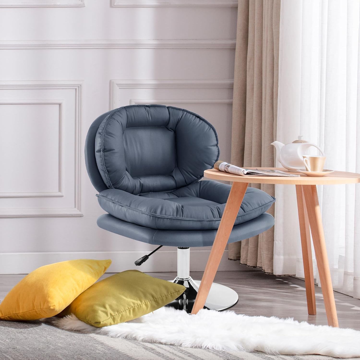 MCombo Silla giratoria con ajuste de altura, silla de escritorio tapizada para sala de estar oficina 4846 (azul, base redonda)