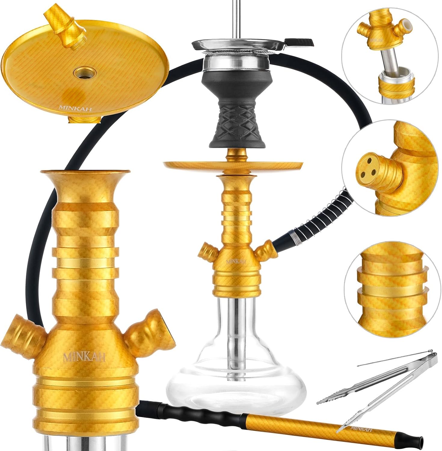 Juego de cachimba con patrón de fibra de carbono con accesorios de silicona manguera cuenco, pinzas de boca, cachimbas de aluminio pequeñas, juego