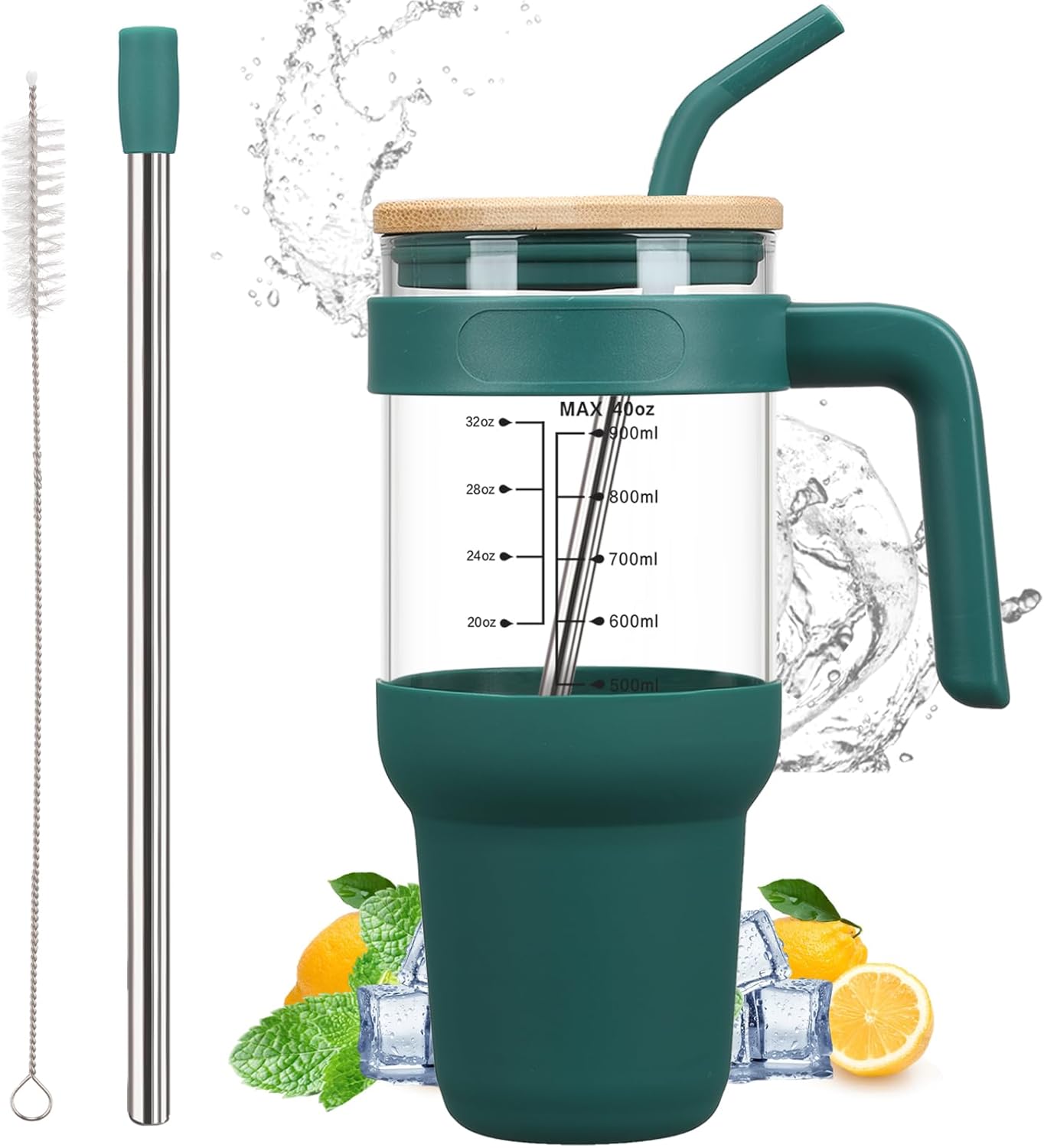 chunmo Vaso de vidrio con tapa de bambú y pajita, taza de café helado de 40 onzas con asa, botellas de agua de vidrio con funda de silicona, taza de
