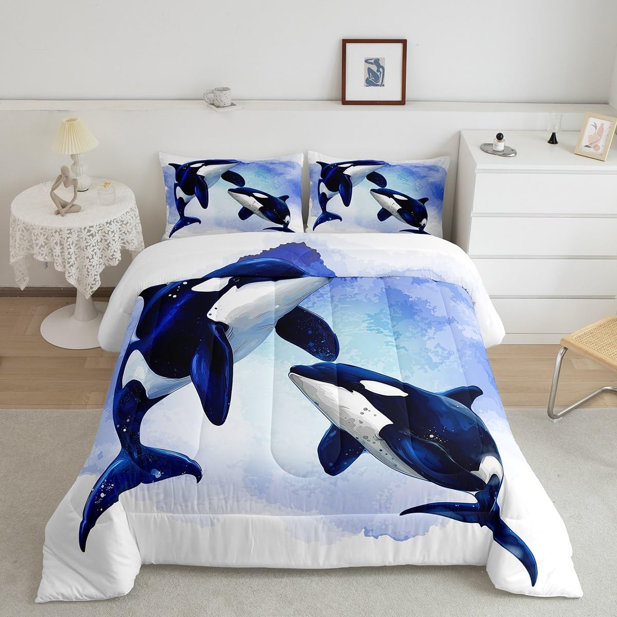 Erosebridal Juego de edredón tamaño matrimonial con diseño de ballena asesina para niños y niñas, juego de ropa de cama de animales oceánicos en