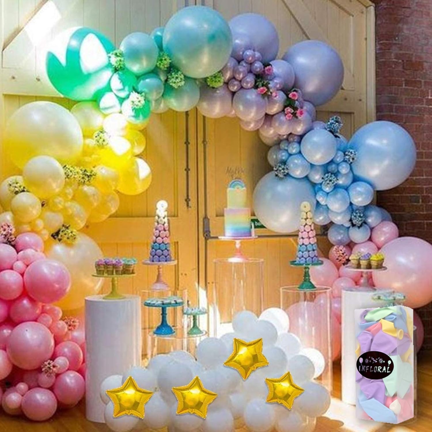 Infloral Guirnalda de globos macarrón arco iris de 17pies para unicornio mágico, pastel, baby shower, fiesta de cumpleaños, cabina de fotos, fondo,