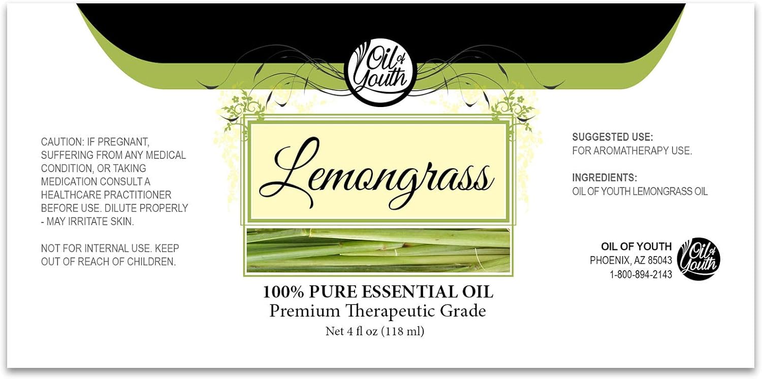 Oil of Youth Aceite esencial de hierba de limón – Grado terapéutico para aromaterapia, difusor, cabello, piel – Gotero – 4 fl oz