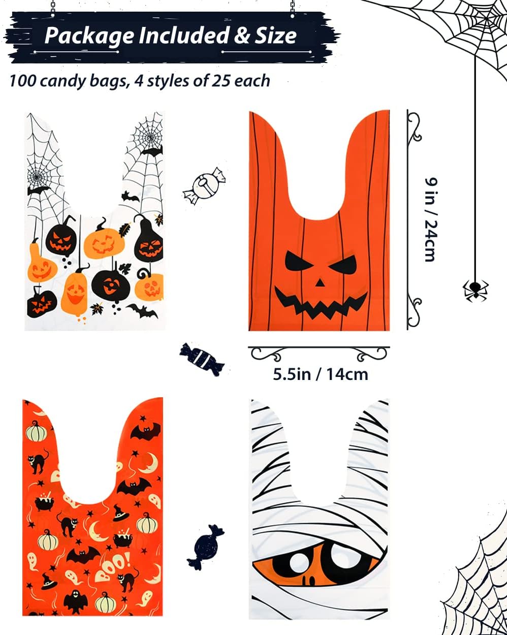 Weenkilly 100 bolsas de golosinas de Halloween, 4 estilos de bolsas de dulces, bolsas de golosinas para niños, lindas bolsas de plástico con orejas