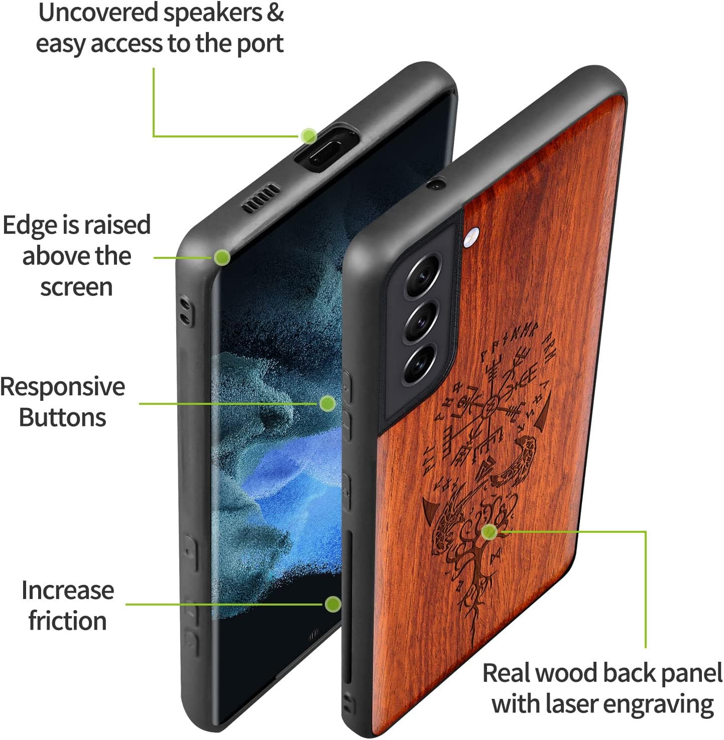 Carveit Funda de madera para Galaxy S21 FE madera real dura y TPU suave a prueba de golpes, funda protectora única y elegante de madera compatible
