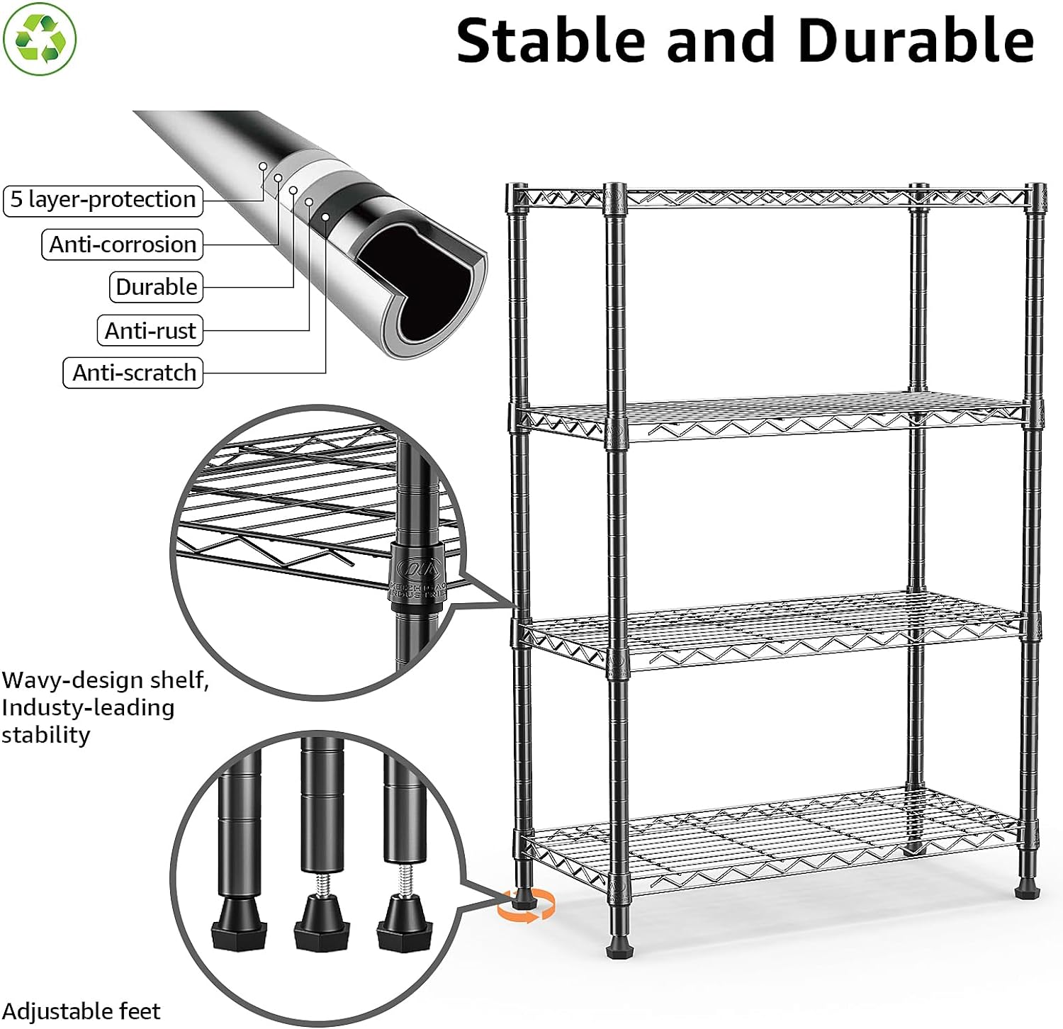 MZG – Estantería de acero resistente de 4 niveles, organizador de acero para el hogar, cocina, oficina, negro (13.7 pulgadas de profundidad x 23.6