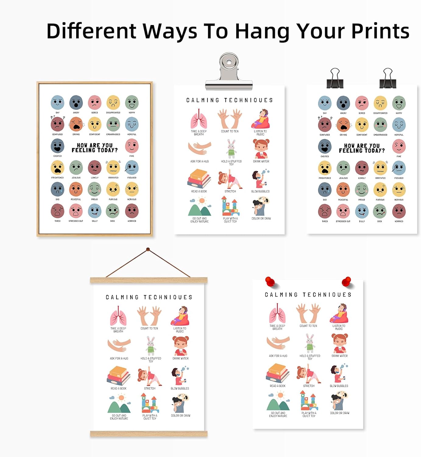 Cuadro de sentimientos para pared, lienzo de emociones tranquilas, decoración de pared para niños, impresiones de salud mental, arte de pared,