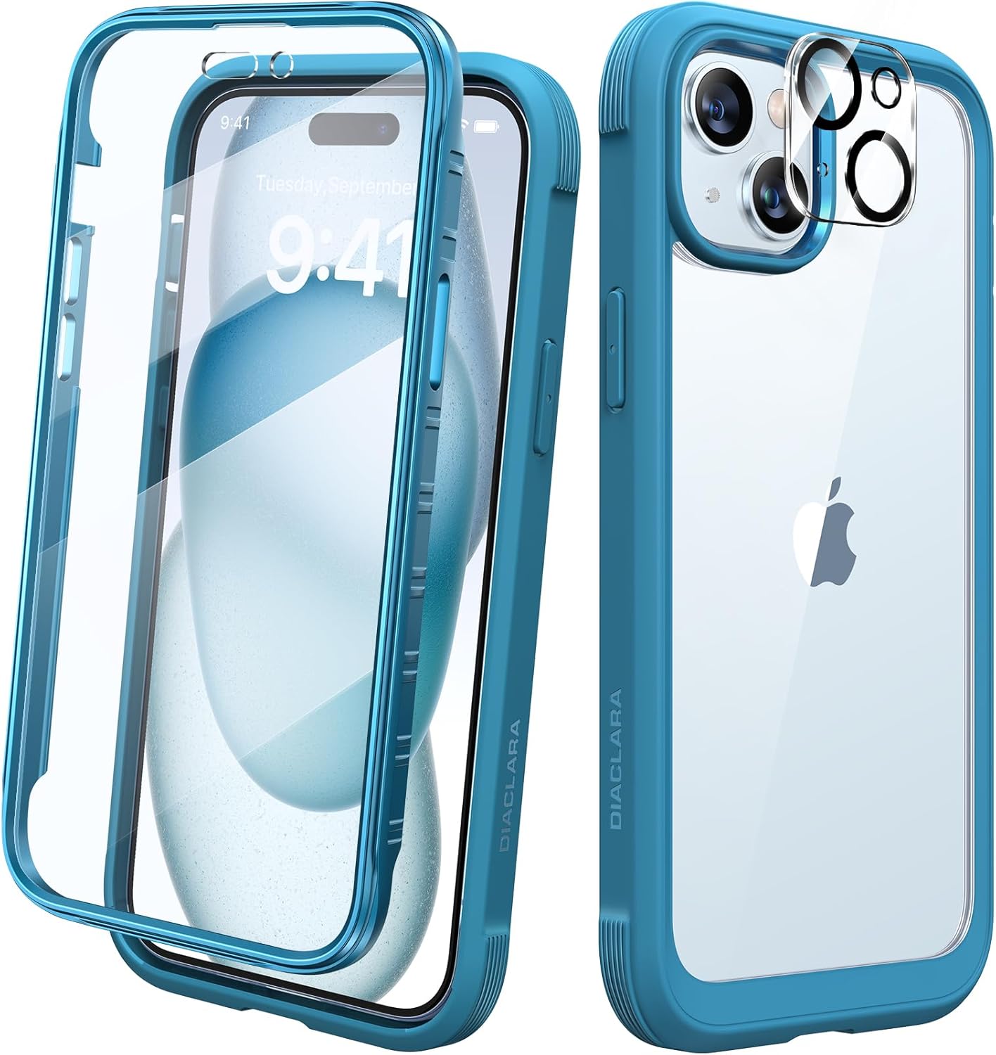 Diaclara Diseñada para iPhone 15 Plus de 6.7 pulgadas, carcasa transparente resistente de cuerpo completo con protector de pantalla integrado