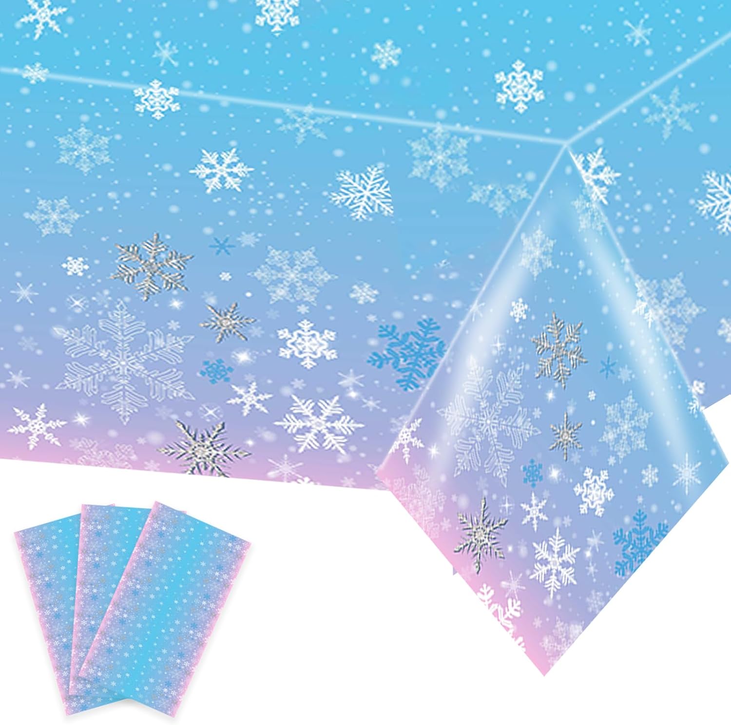 Kesfey Paquete de 3 manteles de Navidad con copos de nieve de 51 x 87 pulgadas, mantel desechable de plástico con copos de nieve blancos para fiesta