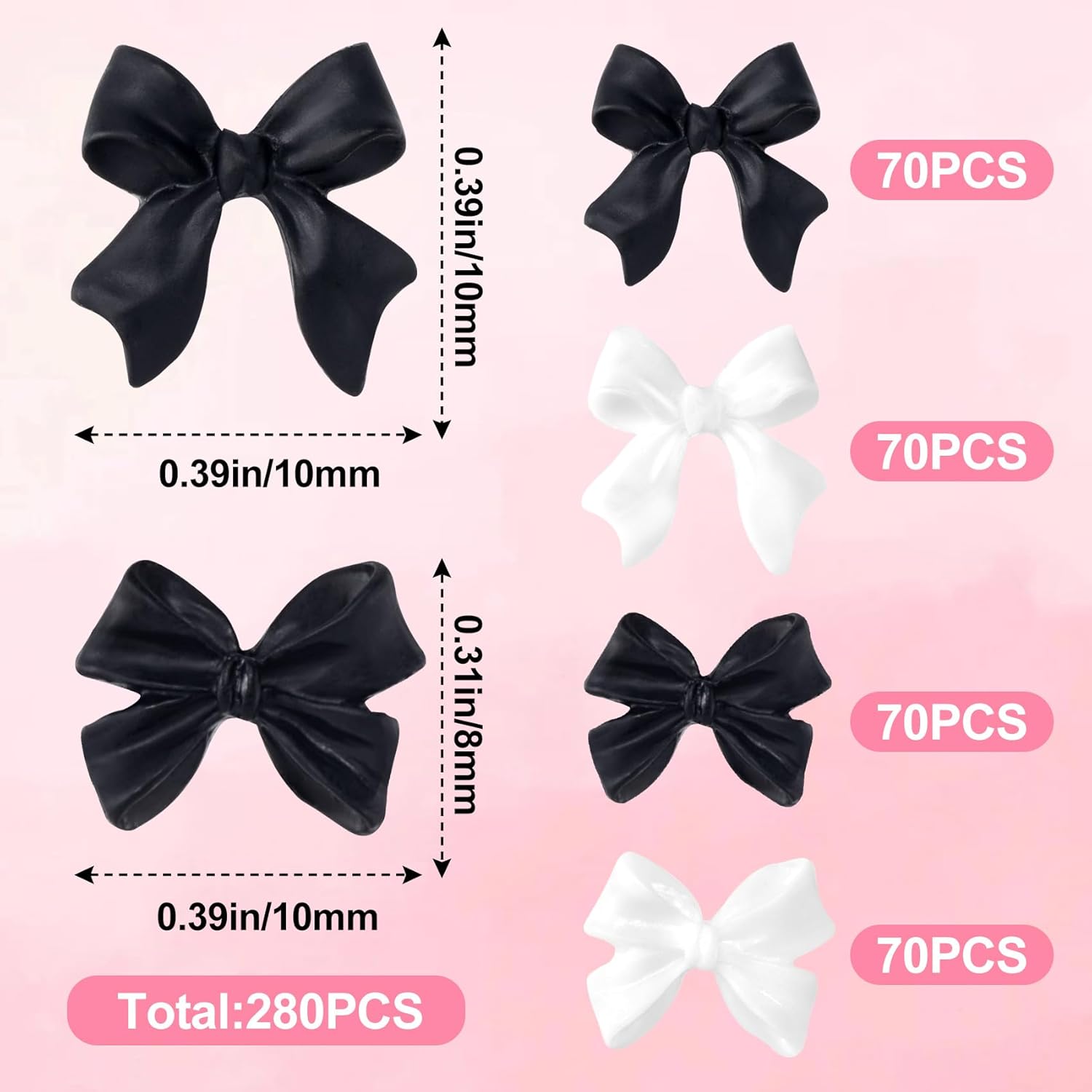 HINZIC 280 lazos de uñas 3D, lazo blanco y negro, lindo dije de mariposa de resina, perlas acrílicas para uñas, diamantes de imitación, decoración