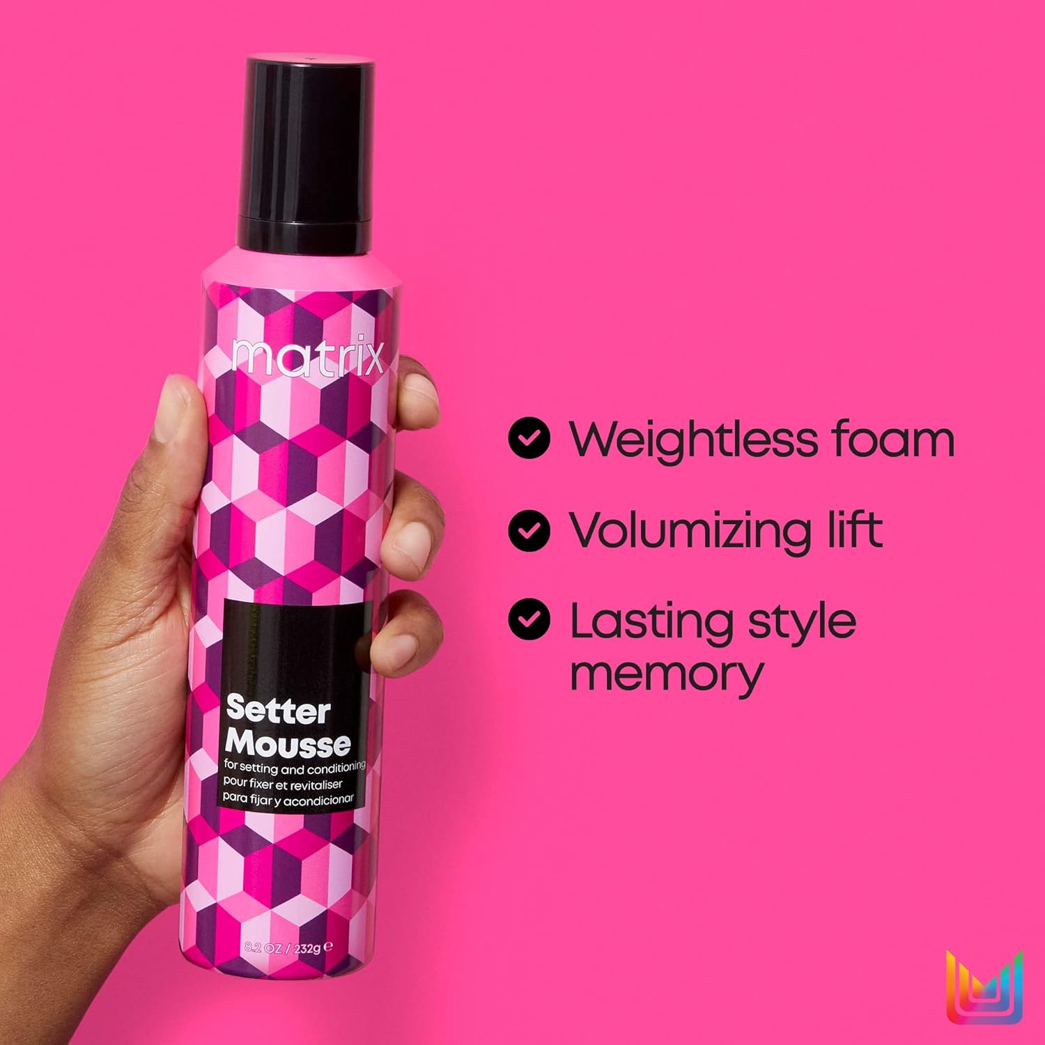 Matrix Setter Mousse  Proporciona elevación y brillo voluminizador  Espuma sin peso  Resistente a la humedad  Control del encrespamiento  Para todo